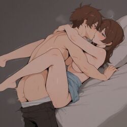 1boy 1girls ai_generated blue_eyes brother_and_sister brown_hair incest incestuous_fantasy intimate kissing kissing_while_penetrated light-skinned_female light-skinned_male missionary_position partially_clothed sex sibling_incest siblings straight