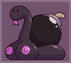 2024 areola big_breasts black_body border breasts busty_feral eyelashes female feral forked_tongue gastropod hi_res hybrid ikakins legless living_bomb mollusk nipples non-mammal_breasts pink_border purple_areola purple_background purple_nipples purple_tongue reptile scalie simple_background slug snake snittle solo tongue tongue_out