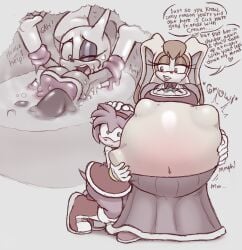 2025 absurd_res after_vore amy_rose anthro bat belly big_belly breasts clothing digestion drakeinflates dress eulipotyphlan female female_pred female_prey group hedgehog hi_res lagomorph leporid mammal overweight rabbit rouge_the_bat same_size_vore sega sonic_(series) sonic_the_hedgehog_(series) text trio vanilla_the_rabbit vore
