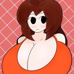 1girls breasts brown_hair cleavage curvydoodles female freckles freckles_on_breasts freckles_on_chest freckles_on_face freckles_on_shoulders huge_boobs huge_breasts mii_gunner mii_gunner_(smash_4) mob_face orange_tank_top solo solo_female super_smash_bros. super_smash_bros._for_nintendo_3ds_and_wii_u