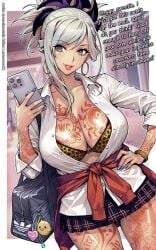 1girls asian_female big_breasts bleached bleached_clothing breasts cleavage clothed clothing dialogue dynamitenatalia edit fate/grand_order fate_(series) female light-skinned_female light_skin miyamoto_musashi_(fate) miyamoto_musashi_(swimsuit_berserker) purple_eyes queen_of_hearts silver_hair