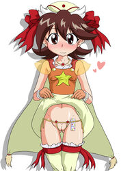 00s :3 bakuten_shoot_beyblade beyblade breasts cape clothing condom dress female hilary_tachibana looking_at_viewer pussy short_hair skirt small_breasts smile solo sweat tachibana_hiromi underwear