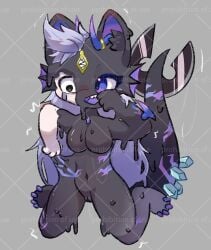 2024 anthro biped black_body black_inner_ear_fluff blue_inner_ear blue_markings bodily_fluids breasts colored crystal crystal_creature distracting_watermark duo elemental_creature english_text featureless_breasts female frill_(anatomy) genitals goo_drip goo_transformation gradient_markings grey_background hair hi_res horn human_to_anthro inner_ear_fluff kneeling markings membrane_(anatomy) membranous_frill mid_transformation mineral_fauna navel open_mouth open_smile purple_eyes purple_inner_ear purple_markings purple_mouth purple_tongue pussy shaded sharp_teeth simple_background sitting sitting_on_ground smile solo_focus species_transformation spread_legs spreading tail tears teeth text tongue transformation tuft unusual_anatomy unusual_tail watermark white_hair yumo_jiang