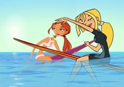 2025 beach black_eyes blonde_ponytail bridgette_(tdi) cartoon_network deviantart emma_(stoked) green_eyes grey_hairband hands_on_surfboard meta necklace not_ai_generated not_porn ocean orange_ponytail orange_surfboard pink_bikini pink_surfboard stoked surfing total_drama_island unknown_artist warner_bros._animation waves wetsuit