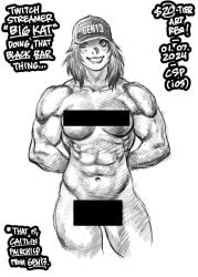 adam_warren broad_shoulders caitlin_fairchild censor_bar censored cropped_legs gen¹³ grin hat medium_breasts medium_hair monochrome muscular muscular_female nude sketch smile