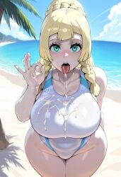 ai_generated beach big_breasts blonde_hair competition_swimsuit cum cum_on_clothes drooling fellatio_gesture lillie_(pokemon) one-piece_swimsuit open_mouth pokemon sea thick_thighs voluptuous