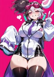 ai_generated bewitching_thighs labcoat peace_sign smile smiling_at_viewer thick_thighs thighhighs thighs vanquish_soul_dr._mad_love yu-gi-oh!