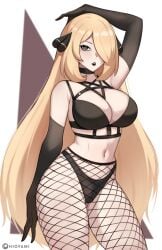 1girls arm_up armpit_crease black_bra black_choker black_lips black_panties blonde_hair bra breasts choker cleavage closed_mouth cowboy_shot curvy cynthia_(pokemon) elbow_gloves fishnet_pantyhose fishnets gloves goth_fashion grey_eyes hioyami large_breasts panties pantyhose pokemon pokemon_dppt simple_background solo underwear underwear_only very_long_hair