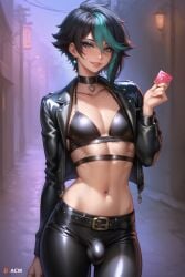 1boy acw ai_generated androgynous black_hair bra bulge bulge_through_clothing choker condom condom_wrapper cute_male ear_piercing earrings femboy feminine_male fishnet_topwear fishnets girly holding_condom jacket leather_clothing light-skinned_femboy light-skinned_male light_skin looking_at_viewer male midriff multicolored_hair navel_piercing otoko_no_ko pants smile smiling_at_viewer solo solo_femboy solo_male teal_eyes teal_hair teasing trap