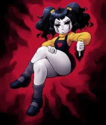 black_eyes black_hair cassidy_(fnaf) crossed_legs five_nights_at_freddy's ghost_girl grey_skin outta_sync overalls pigtails pink_background shoes sitting solo sweater thick_thighs thumbs_down turtleneck twintails