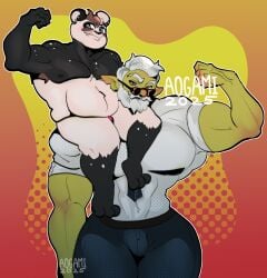 absurd_res anthro aogamii armpit_hair azure_(pupblueslut) bear black_body black_fur blue_eyes blush body_hair brown_hair bulge duo fur giant_panda green_body green_skin hair hi_res male male/male male_anthro mammal musclegut muscular muscular_male orc orc_male overweight overweight_male pecs purple_eyes torug_(pupblueslut) white_body white_fur white_hair