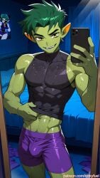 abs ai_generated beast_boy bedroom body_focus boxer_briefs bulge dc dc_comics gay green_skin kinkyfuel male male_only mirror mirror_selfie muscular reflection selfie short_hair sleeveless smirk solo spiky_hair sweat tank_top teen_titans tight_underwear toned underwear yaoi yellow_eyes