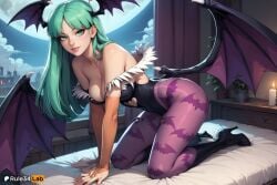 1girls ai_generated all_fours animal_print artist_name bare_shoulders bat_print bat_wings bed black_footwear black_leotard boots breasts bridal_gauntlets candle cleavage clothing_cutout cloud collarbone darkstalkers demon_girl female full_body full_moon green_eyes green_hair head_wings heart_cutout hi_res high_heel_boots high_heels indoors knee_boots large_breasts leotard lips long_hair looking_at_viewer low_wings moon morrigan_aensland night night_sky on_bed pantyhose parted_lips patreon_username print_pantyhose purple_pantyhose purple_wings rule34lab sky smile solo window wings