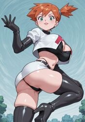 ai_generated anus_peek bra_peek dynamic_pose from_below gloves high_heel_boots kasumi_(pokemon) pokemon skindentation team_rocket team_rocket_uniform thighhighs vpwn