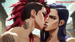ai_generated arcane arcane_caitlyn arcane_vi azure993 blue_hair butch close-up kissing league_of_legends lesbian_couple lesbian_kiss red_hair riot_games romantic romantic_couple tattoo tattoos vi yuri