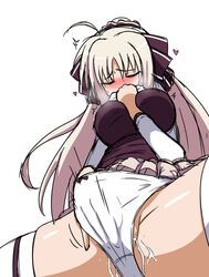 artist_request blush breasts closed_eyes female fingering large_breasts lyrical_nanoha masturbation panties pussy_juice rinne_berlinetta solo spread_legs underwear vivid_strike! white_hair white_panties