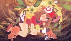 1girls 5boys clothed_sex female gangbang male may_(pokemon) may_(pokemon_rs) one_eye_closed pokemon pokemon_rse pokephilia rape saliva_string torn_clothes torn_shorts trapinch vibrava witchanon