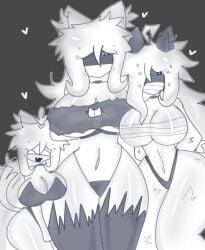 3girls :3 ;-; arms_behind_back arms_under_breasts bandaged_eyes big_breasts big_thighs black_and_white black_background cat_ears cat_tail crazie_(kaaatie) female fen_(kaaatie) fur giant_woman heart-shaped_pupils horny little_woman long_hair looking_down looking_pleasured monochrome nameless_werewolf_(kaaatie) only_female semi_nude simple_background simple_shading sketch smilling sweat wanting_sex