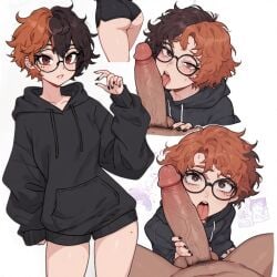 age_difference ai_generated alternate_hairstyle beautiful big_penis booty_focus booty_shorts brown_eyes brown_hair circle dark-skinned_male feet feet_focus female female_focus geek glasses goth kyokalovesxo licking licking_penis light-skinned_female light_skin nerdy_female oc original_character petite punk_girl round_ass skinny slim_waist small_boobs smaller_female split-color_hair tongue_out wedgie wedgied_female younger_female
