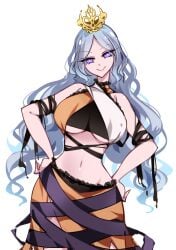 1girls big_breasts blue_hair breasts chirizuka_ubame clothed_female crown female fossilized_wonders light-skinned_female long_hair mature_female purple_eyes raptor7 smile solo solo_female touhou underboob white_background