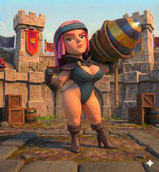 ai_generated big_ass big_breasts blue_clothing blue_eyes bodysuit breasts brown_boots castle clash_(series) clash_royale cleavage firecracker_(clash_royale) fit_female gemini gloves headband high_heels hips hood leather_boots leather_clothing looking_at_viewer pink_hair pink_lipstick rocket_launcher supercell thighs voluptuous_female