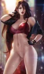 absurd_res alluring areola athletic_female bare_legs beauty_mark big_breasts blaze_fielding bra bra_and_jacket bra_and_jacket_only brown_eyes brown_hair ear_piercing earrings female female_abs female_only fingerless_gloves fit_female functionally_nude hand_on_hip leather leather_gloves leather_jacket lips lipstick long_hair looking_at_viewer medium_breasts mole mole_under_mouth naked_from_the_waist_down open_jacket pose posing pussy sega solo_female streets_of_rage streets_of_rage_2 tagme wickellia