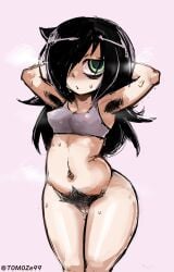 1girls armpit_hair armpits arms_up black_hair bottomless female hair_over_one_eye hairy hairy_armpits hairy_pussy kuroki_tomoko long_hair smelly solo stinky sweat sweaty sweaty_body t0m0ze99 thick_thighs watashi_ga_motenai_no_wa_dou_kangaetemo_omaera_ga_warui!
