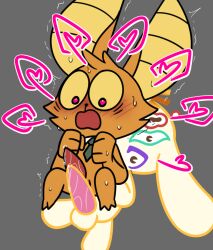 00freeze00 bat blush bodily_fluids canid canine canis chikn_nuggit chikn_nuggit_(chikn_nuggit) chikn_nuggit_(true_form) domestic_dog genital_fluids genitals holding_body imminent_sex male male/male mammal onyn_ring_(chikn_nuggit) penis precum sweat yellow_body