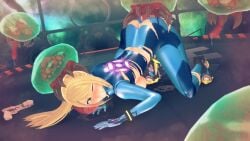 1girls 4boys alien blonde_hair female male metroid metroid_(creature) monster nintendo rape samus_aran top-down_bottom-up torn_bodysuit torn_clothes wince witchanon zero_suit_samus