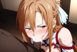 1boy ai_generated asuna_(sao) big_penis cheating cheating_girlfriend dark-skinned_male dark_skin female interracial light-skinned_female light_skin looking_at_viewer ntr sword_art_online testicles yuuki_asuna