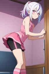ai_generated androgynous bike_shorts blue_hair long_socks medium_hair multicolored_hair pink_eyes ponytail purple_hair skirt streaked_hair t-shirt white_hair