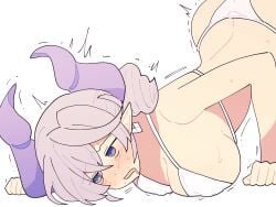 1girls ass bored bra breasts curvy demon demon_girl demon_horns earrings female hi_res himuro11 jack-o_pose labrynth_of_the_silver_castle lovely_labrynth_of_the_silver_castle open_mouth saliva silver_eyes solo sweatdrop twintails underwear white_background white_hair yu-gi-oh!