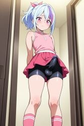 ai_generated androgynous bike_shorts blue_hair bulge erection long_socks medium_hair multicolored_hair penis pink_eyes ponytail purple_hair skirt streaked_hair t-shirt white_hair