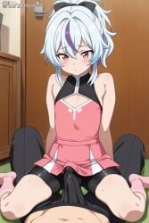 ai_generated androgynous bike_shorts blue_hair bulge erection long_socks medium_hair multicolored_hair penis pink_eyes ponytail purple_hair skirt streaked_hair t-shirt white_hair