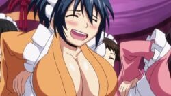 1girls animated animated_gif bent_over big_breasts blush breast_shake breasts cleavage embarrassed full_breasts hands_on_hips hanging_breasts heavy_breasts huge_breasts kimono large_breasts maid maid_uniform manyuu_chifusa manyuu_hikenchou milkshake no_bra orange_kimono sexy_pose sweat swinging_breasts
