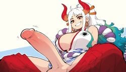 1futa ai_generated bare_shoulders cleavage curled_horns futa_only futanari gradient_hair green_hair grin hair_stick hakama_pull hoop_earrings intersex irofox large_breasts long_hair looking_at_viewer multicolored_hair multicolored_horns one_piece oni penis ponytail red_hakama shimenawa sidelocks sitting sleeveless_kimono solo spread_legs two-tone_background uncensored white_hair yamato_(one_piece)