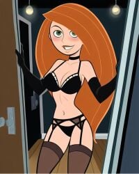 ai_generated big_breasts black_lingerie blushing_female kim_possible kimberly_ann_possible lingerie red_hair red_head standing_in_doorway