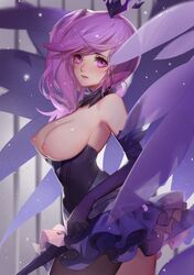 1girls absurdres breasts clothing dark_elementalist_lux dress elbow_gloves elementalist_lux female female_only gloves highres large_breasts league_of_legends long_hair luxanna_crownguard nipples pink_eyes pink_hair sideboob skirt solo songjikyo stockings thighhighs