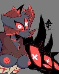 2021 anthro areola arm_spikes big_breasts black_body black_fur bovid breasts brown_clothing caprine clothing eyelashes eyes_on_arms female fur goat grey_background hi_res horn looking_at_viewer mammal multi_eye nipples red_areola red_horn red_nipples red_sclera sakanagashima signature simple_background snout solo spikes spikes_(anatomy) white_eyes