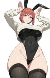 1girls ai_generated black_bunnysuit black_thighhighs bunny_ears bunnysuit chainsaw_man crop_top_sweater kreivan makima_(chainsaw_man) red_hair solo sweater thighhighs white_sweater yellow_eyes