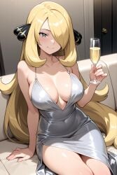 ai_generated big_breasts champagne cynthia_(pokemon) dress evening_gown sitting_on_sofa smile