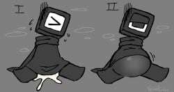 1_eye 2024 after_sex ambiguous_gender animate_inanimate anthro belly big_belly black_body bodily_fluids clothed clothing colored cube_(vexedcalyx) cube_head cum cum_inside digital_drawing_(artwork) digital_media_(artwork) dress for_a_head genital_fluids inflated_belly inflation leaking leaking_cum monochrome not_furry object_head questionable_consent robe robe_only scarf sex shape_head simple_background sitting solo spread_legs spreading sweat text topwear upset vexedcalyx