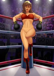alluring alternate_version_available arena athletic athletic_female big_breasts black_boxing_gloves black_gloves blaze_fielding boots boxing boxing_gloves boxing_ring bra brown_eyes brown_hair female female_abs female_focus fit_female hourglass_figure lipstick long_hair makeup mole mole_under_mouth naked_from_the_waist_down navel pussy sega streets_of_rage streets_of_rage_2 tagme wide_hips zuruppi