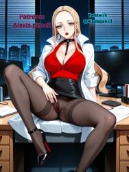 1girls ai_generated alexispencil black_nails blonde_hair blue_eyes female flashing_pussy high_heels lipstick nail_polish nintendo office_lady oleana_(pokemon) pantyhose patreon patreon_url pokemon pokemon_ss red_lipstick see-through self_upload sheer_legwear tagme twitter_username