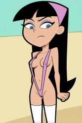 ai_generated areola_slip areolae bangs black_hair blue_eyes breasts closed_mouth covered_nipples dark_skin female long_hair navel slingshot_swimsuit small_breasts solo strap_gap swimsuit thighhighs white_legwear