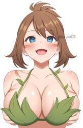 alternate_breast_size bare_arms bare_shoulders big_breasts bikini blue_eyes blush body_blush breasts brown_hair cleavage collarbone grabbing_own_breast leaf_bikini may_(pokemon) medium_hair oerba_yun_fang open_mouth pokemon shiny_skin smile surippa1010 upper_body