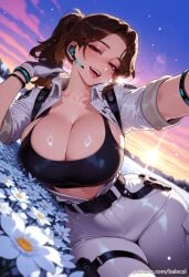 ai_generated balecxi belt brown_eyes brown_hair cleavage female flower flower_field gloves hailey_(the_first_descendant) large_breasts looking_at_viewer open_mouth outdoors ponytail sky smile solo the_first_descendant