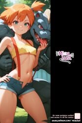 ai_generated bangs bare_shoulders blush breasts cleavage closed_mouth collarbone comic_cover comic_page comic_panel crop_top denim denim_shorts eyelashes female heart heart-shaped_pupils kasumi_(pokemon) looking_up medium_breasts miaulust navel orange_hair patreon_logo patreon_username pokefilia pokemon pokemon_(creature) shorts side_ponytail sitting solo spread_legs suspenders symbol-shaped_pupils tagme tank_top watermark