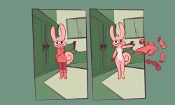 absurd_res anthro belly blood blood_on_hand blood_splatter blush bodily_fluids clothing comic female fur hi_res lagomorph mammal nude pink_body pink_fur restricted_palette solo sudden_nudity throwing_clothing tulip_(unicorn_blood) undressing vanilla_candy white_belly