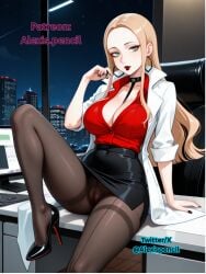 1girls ai_generated alexispencil black_nails female flashing_pussy high_heels lipstick nail_polish nintendo office_lady oleana_(pokemon) pantyhose patreon patreon_url pokemon pokemon_ss red_lipstick see-through self_upload sheer_legwear tagme twitter_username